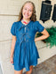 Chambray Front Tie Puff Sleeve Dress