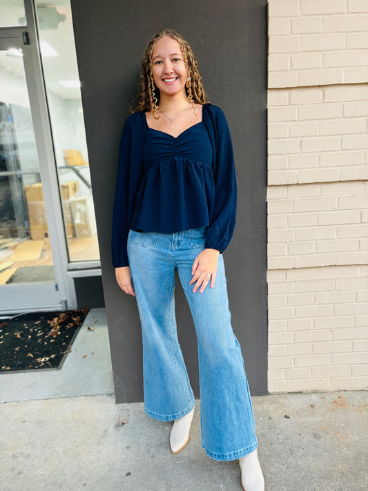 Crinkled Babydoll Blouse Top - Navy