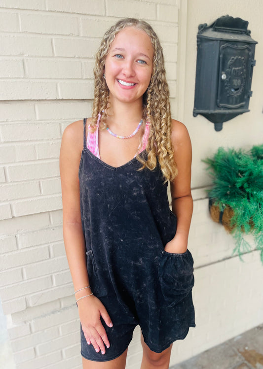 Mineral Washed Sleeveless Romper - Black