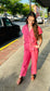 Short Sleeve Jumpsuit With Wrap V-Neck Lapel Collar - Rose