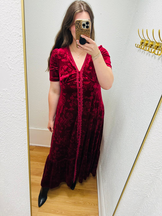 Embossed Velvet Button Down Maxi Dress - Merlot