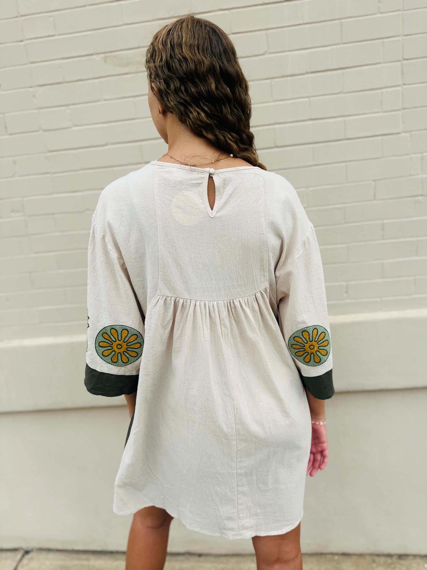 Boho Embroidered Babydoll Dress - Sage