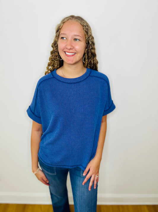 Corded Rib Short Cuff Sleeve Raw Edge Top - Classic Blue