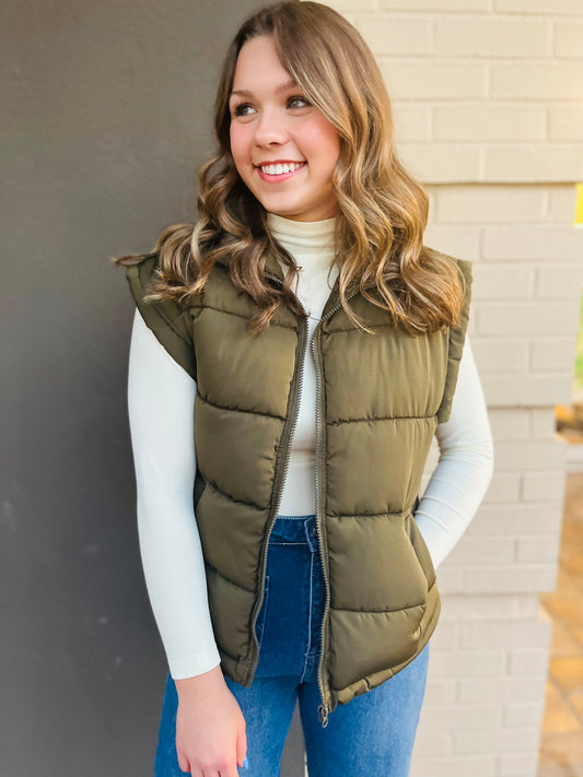 High Neck Casual Puffer Vest - Olive