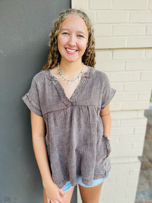 Washed Gauze Top - Brown