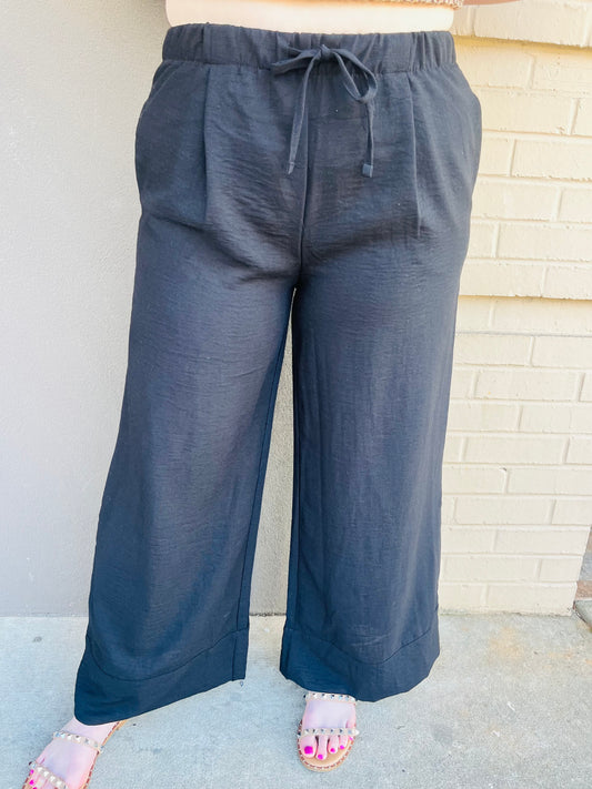 Waist Band Linen Palazzo Pants - Black