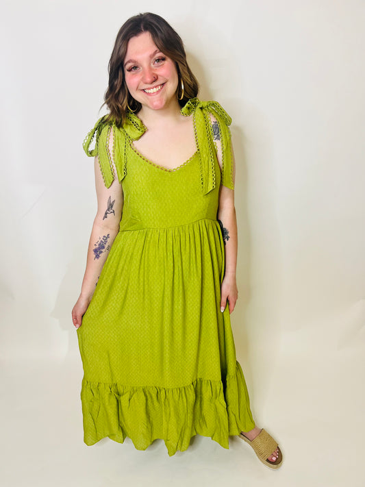 Plus Scallop Eyelet Trim Tie Strap Midi Dress - Light Olive