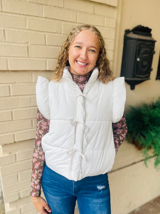 Flutter Sleeve Bow Detail Puffer Vest - Cream