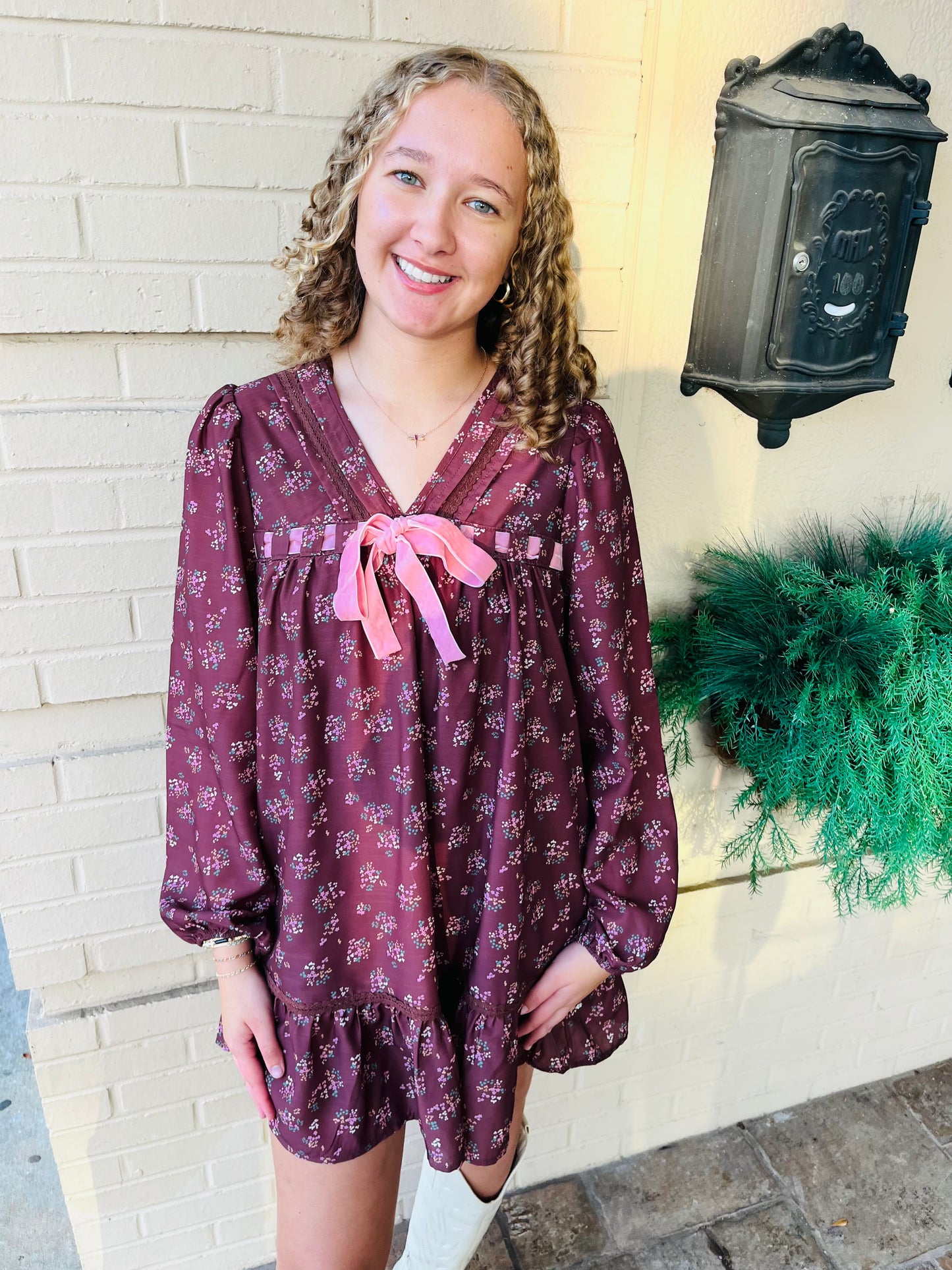 Floral Printed Front Bow Dress - Chocolate