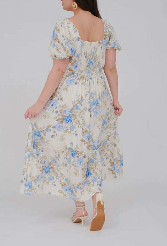 Plus Floral Print Puff Sleeve Ruffle Midi Dress - Blue Multi