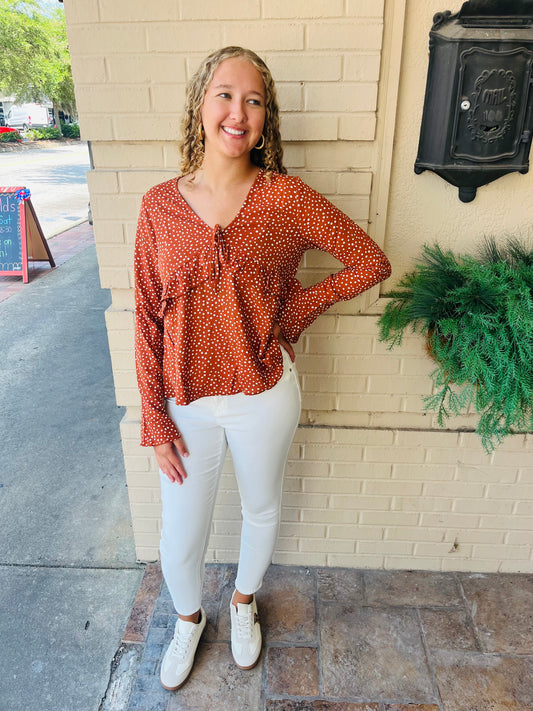 Dotted Ruffled Bell Sleeve V - Neck Blouse - Camel