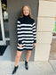 Striped Turtle Neck Knit Sweater Dress - Black Stripes