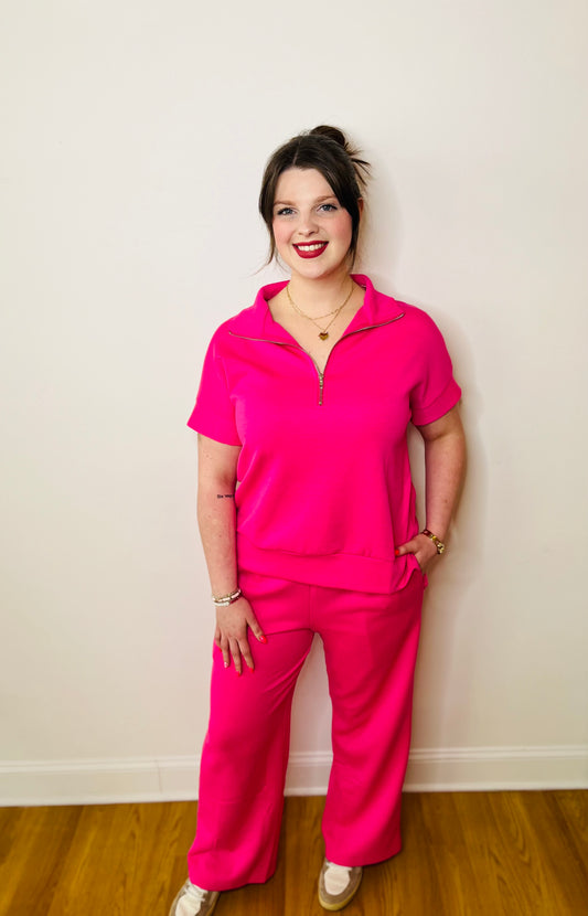 Short Sleeve Quarter Zip and Pants Modal Set - Hot Pink