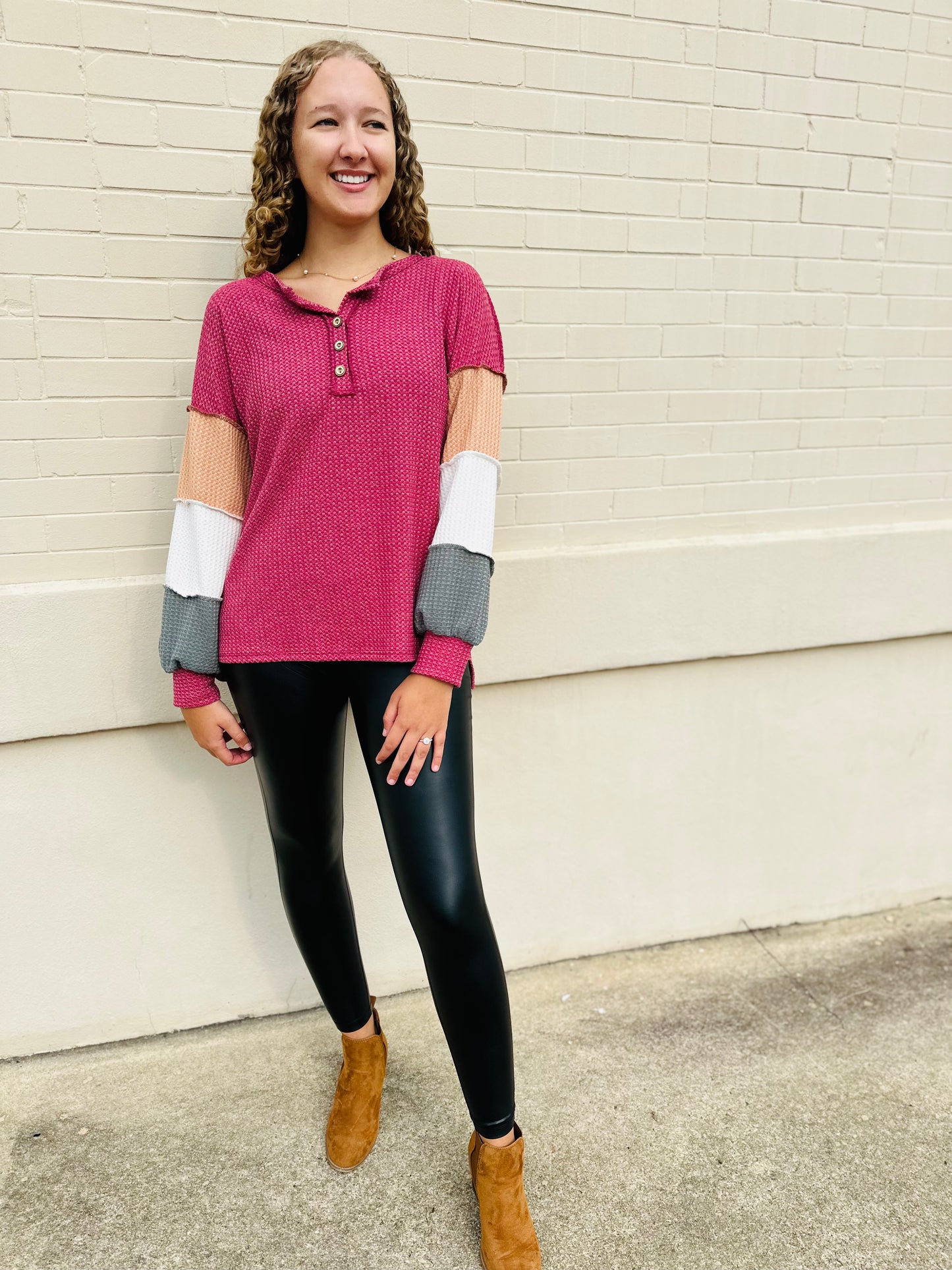 Color Block Waffle Knit Top - Burgundy