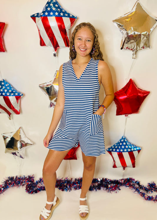 Striped Casual Comfy Romper - Denim