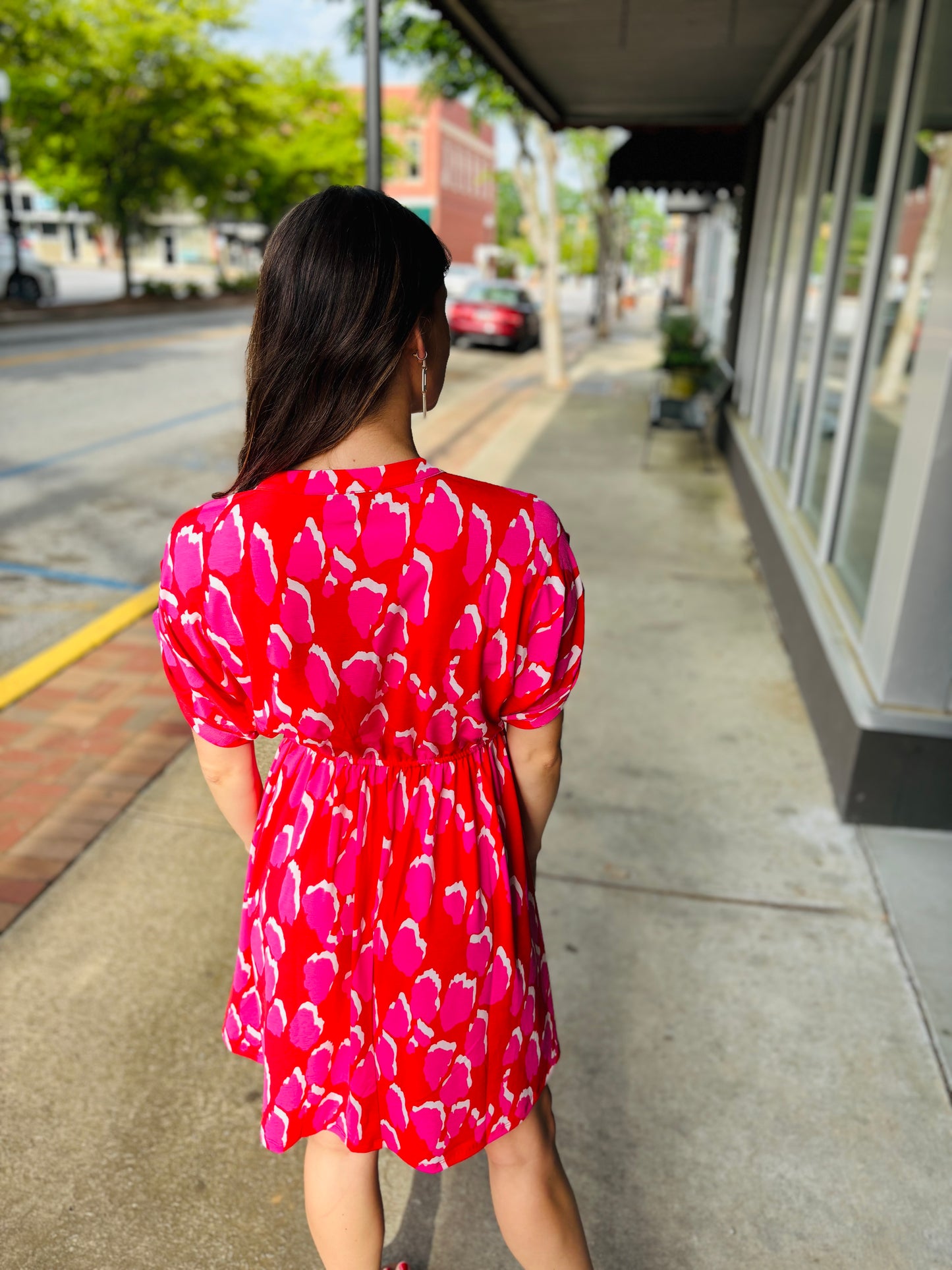 10-Geometry Cuff Sleeve Jersey Dress - Red Multi