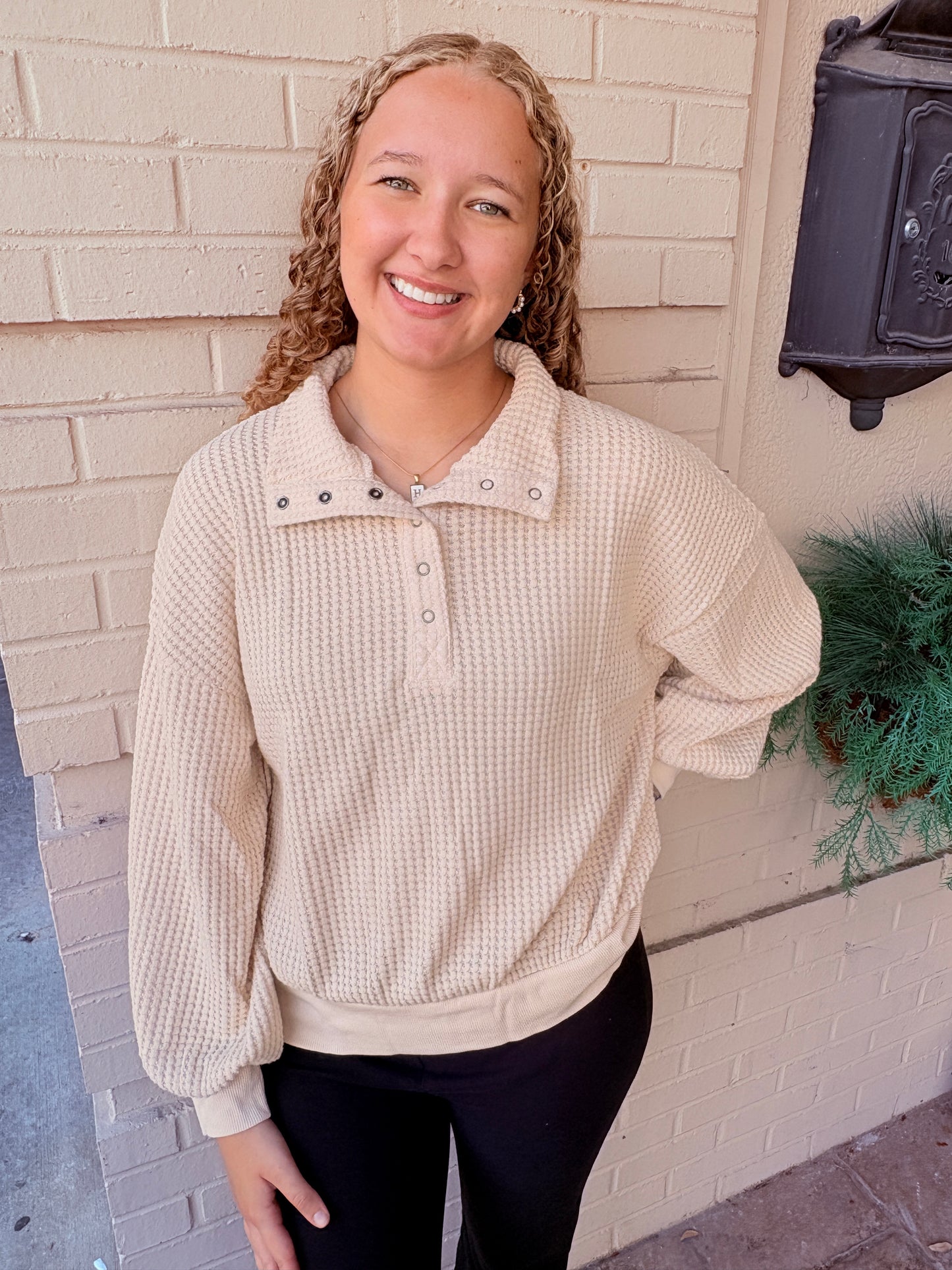 Oversized Half Button Down Waffle Knit Pullover - Cream