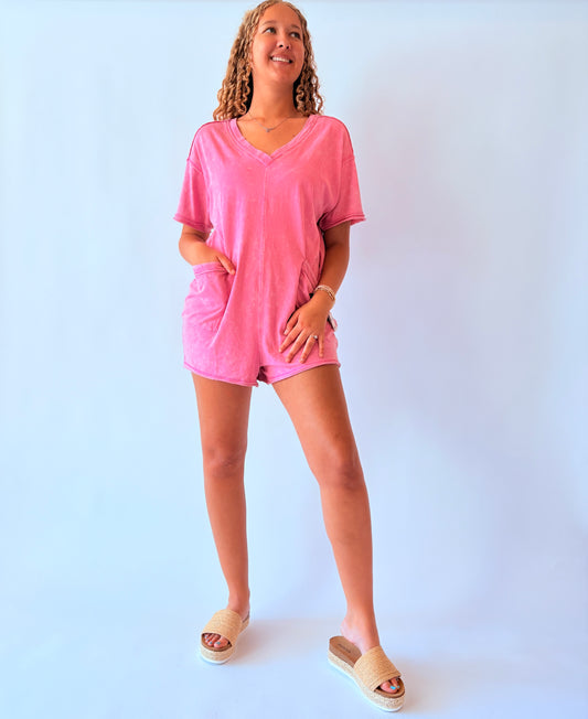 Mineral Washed Oversized Romper - Orchid