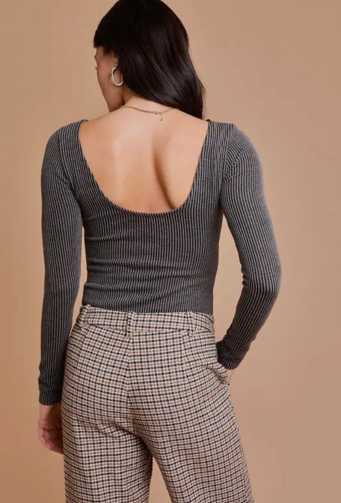 Long Sleeve Back Scoop Bodysuit - Charcoal