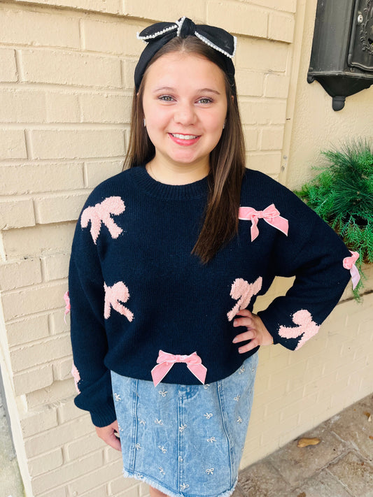 Bow Pattern Knit Sweater - Navy