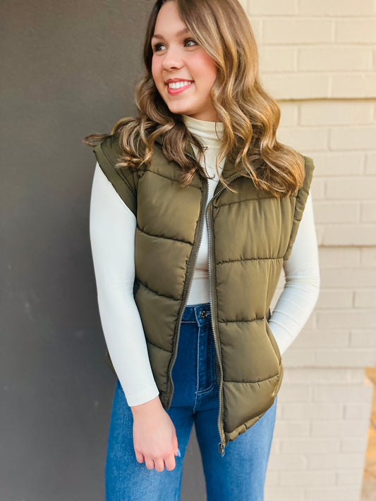 High Neck Casual Puffer Vest - Olive