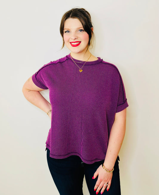 Corded Rib Short Cuff Sleeve Raw Edge Top - Dark Plum