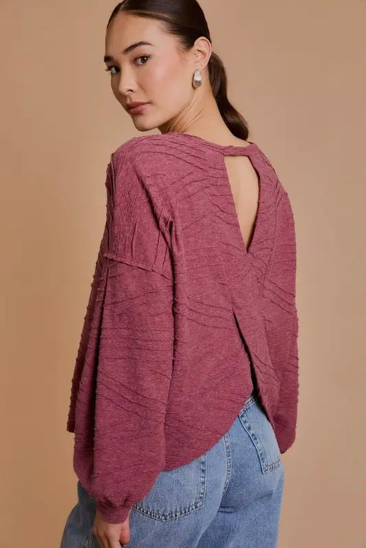 Long Sleeve Back Overlap Top - Wine