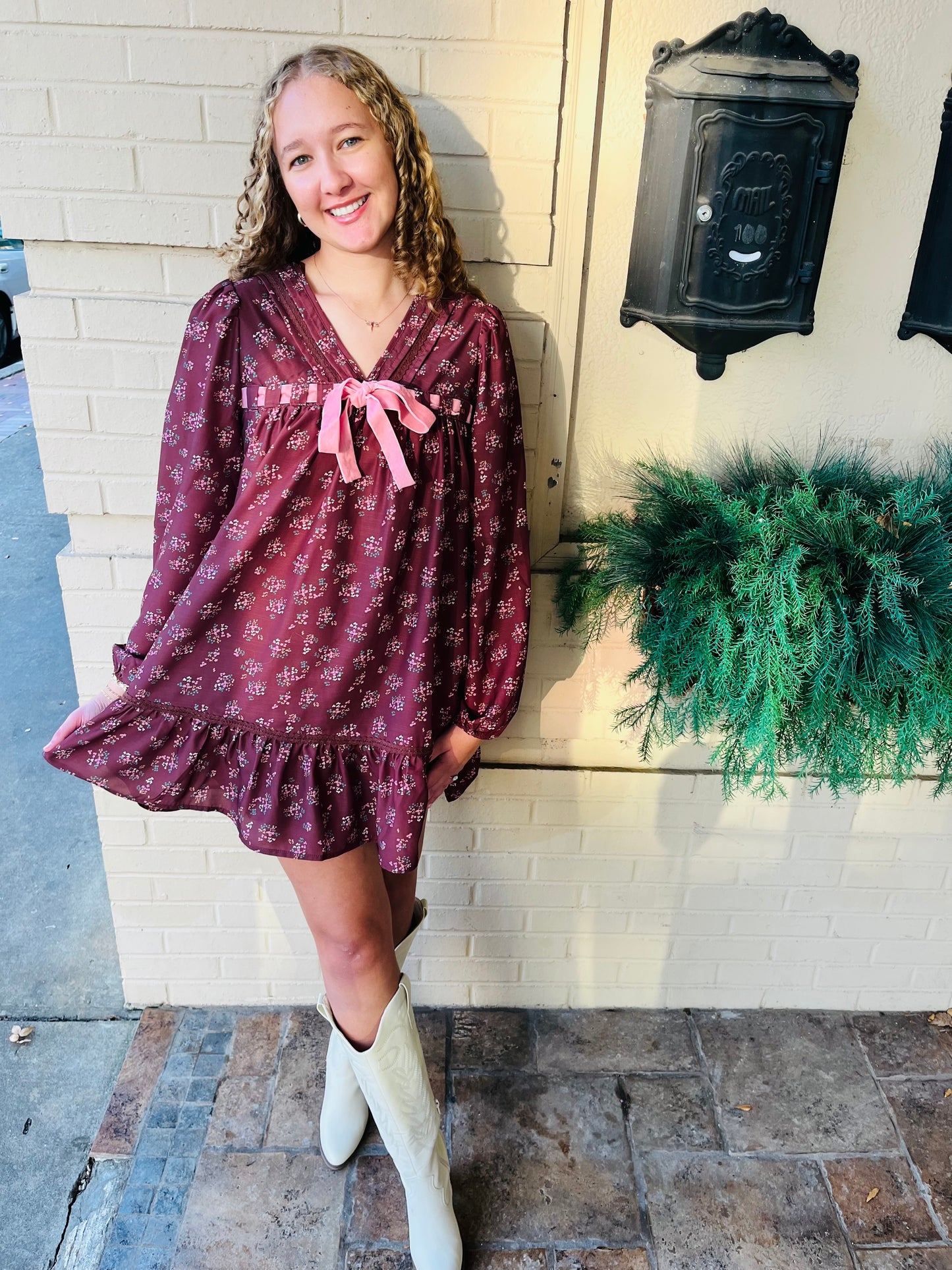 Floral Printed Front Bow Dress - Chocolate