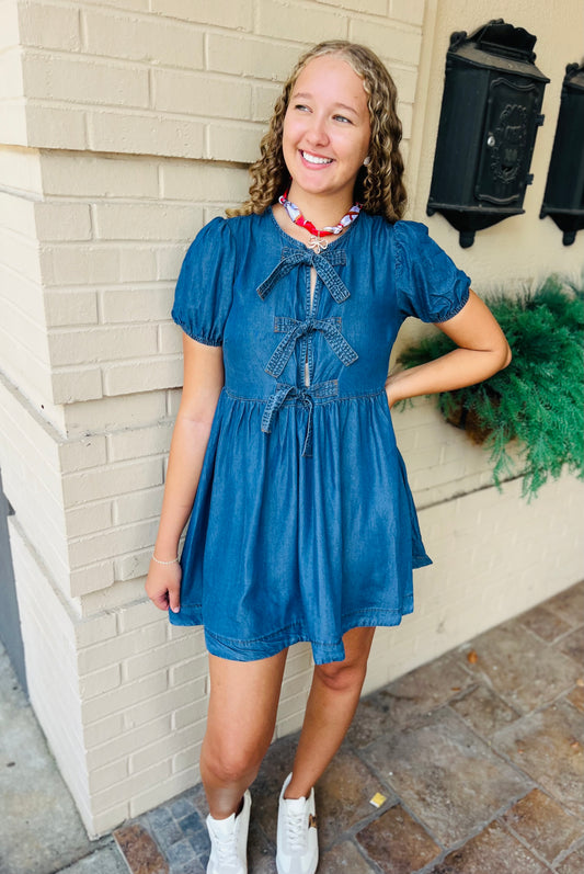 Chambray Front Tie Puff Sleeve Dress
