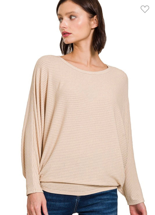 Ribbed Batwing Boat Neck Sweater