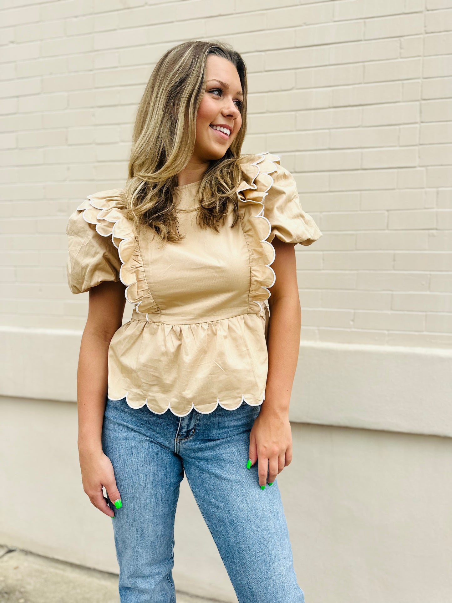 Scalloped Detail Round Neck Top - Khaki