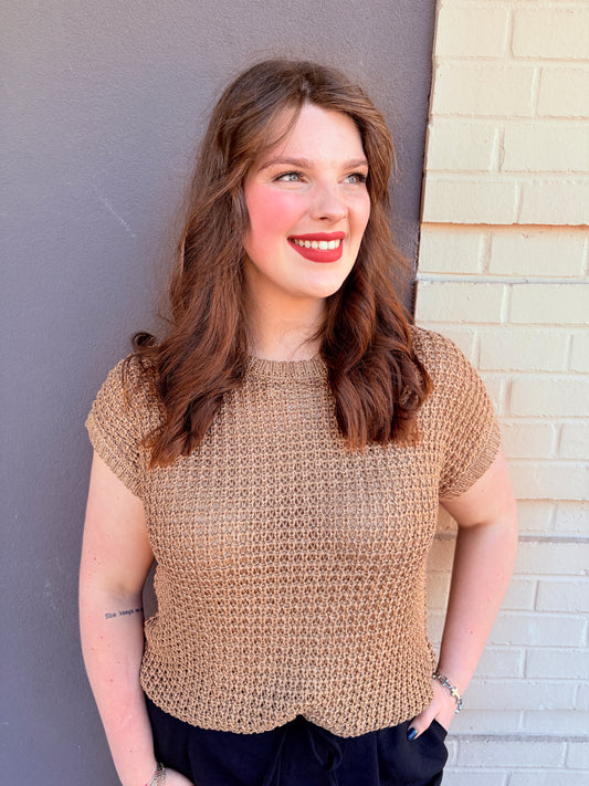Crochet Knit Sweater Top - Tan