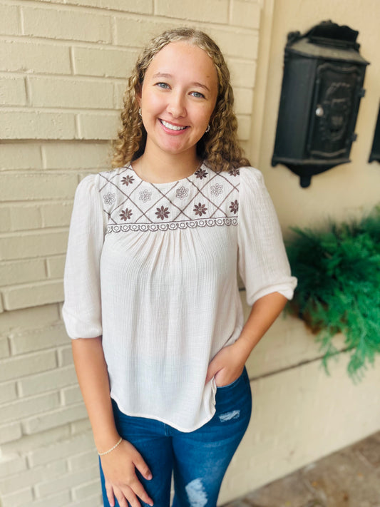 Floral Embroidered 3/4 Sleeve Blouse