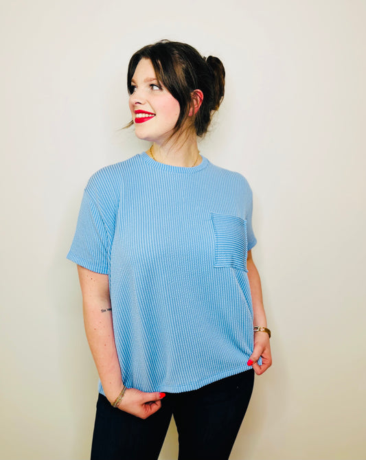 Corded Rib Short Sleeve Front Pocket Top - Spring Blue