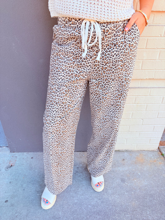 Animal Print Linen Wide Leg Pants - Beige Leopard