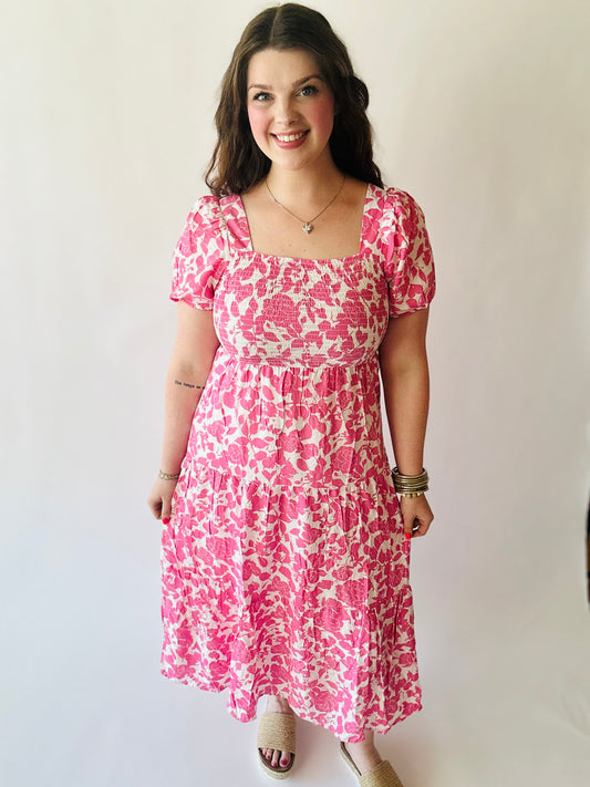 Floral Square Neck Smocked Midi Dress - Pink Multi