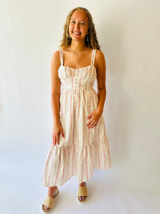 Floral Stripe Button Detail Maxi Dress - Pink Multi