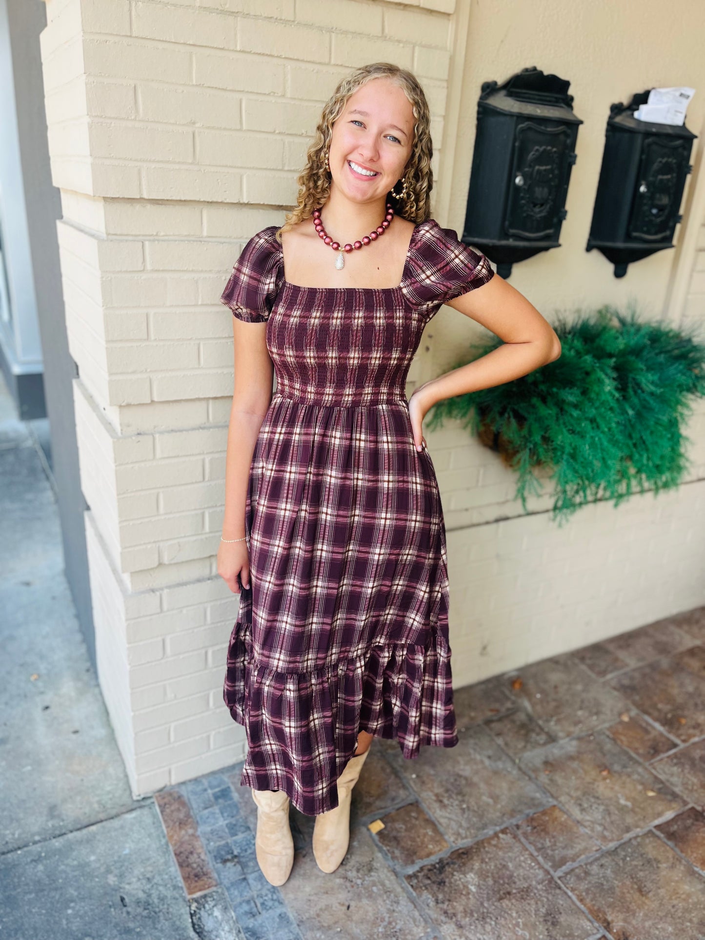 Plaid Smocked Puff Sleeve Ruffle Midi Dress