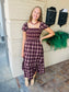 Plaid Smocked Puff Sleeve Ruffle Midi Dress