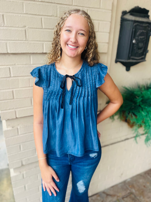 Chambray Front Tie Pleated Top