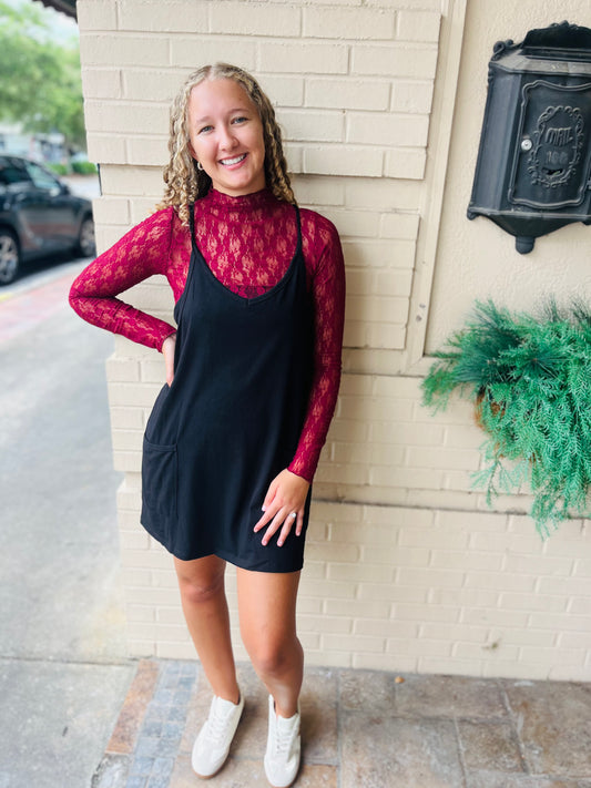 Fitted Sheer Mesh Lace Knit Top - Wine