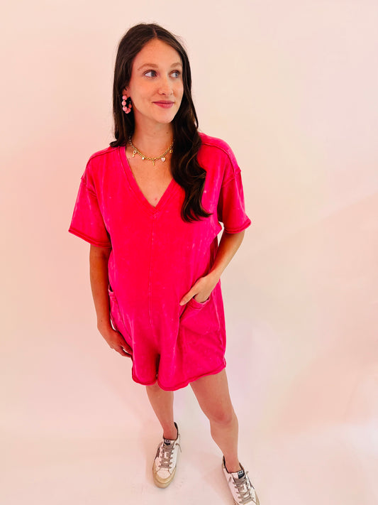 Mineral Washed Pocket Romper - Pink