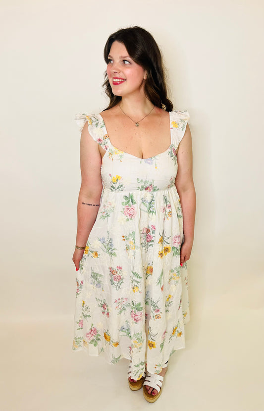 Floral Embroidery Detail Ruffle Sleeve Midi Dress