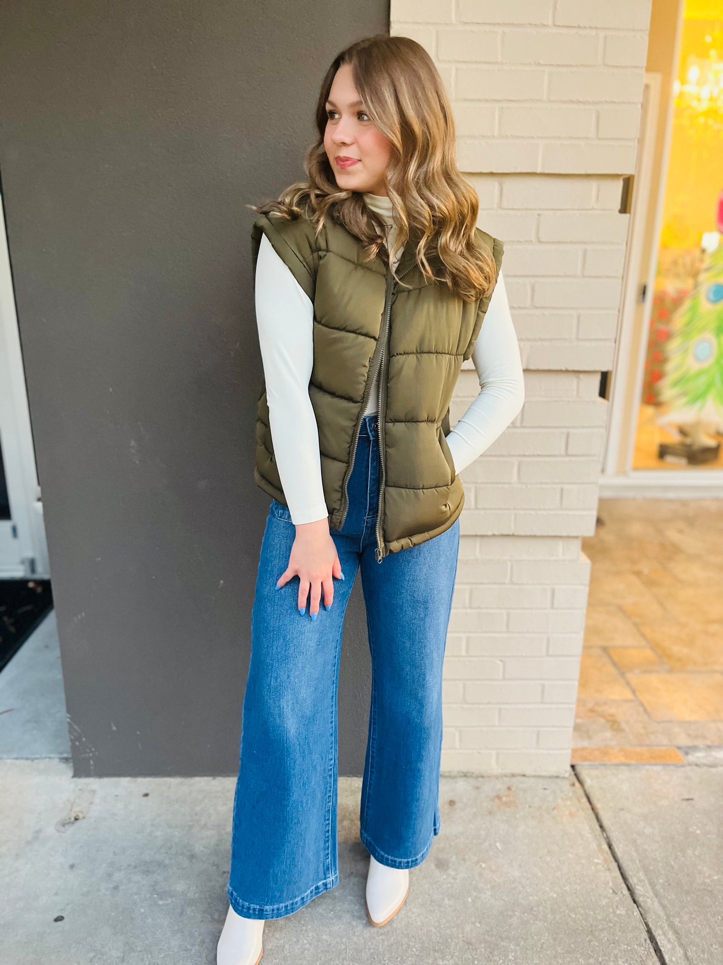 High Neck Casual Puffer Vest - Olive