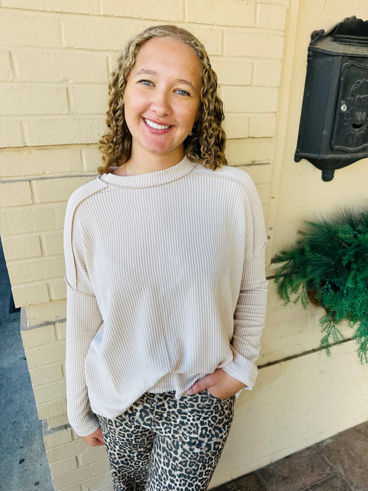 Rib Boat Neck Long Sleeve Top