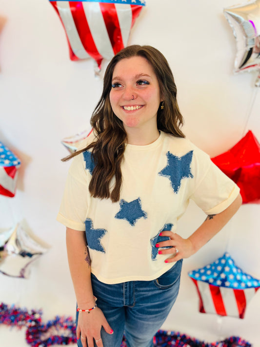Denim Star Patch Top - Ivory