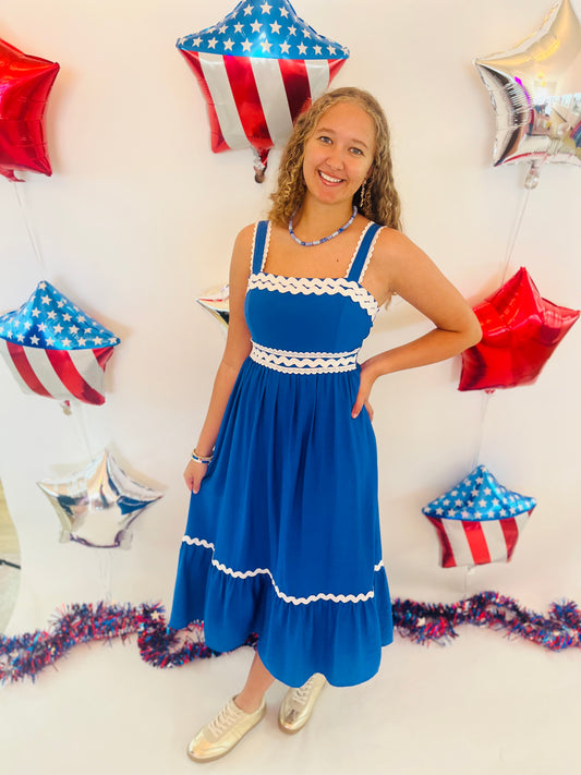 Square Neck Wave Scallop Trim Midi Dress - Blue