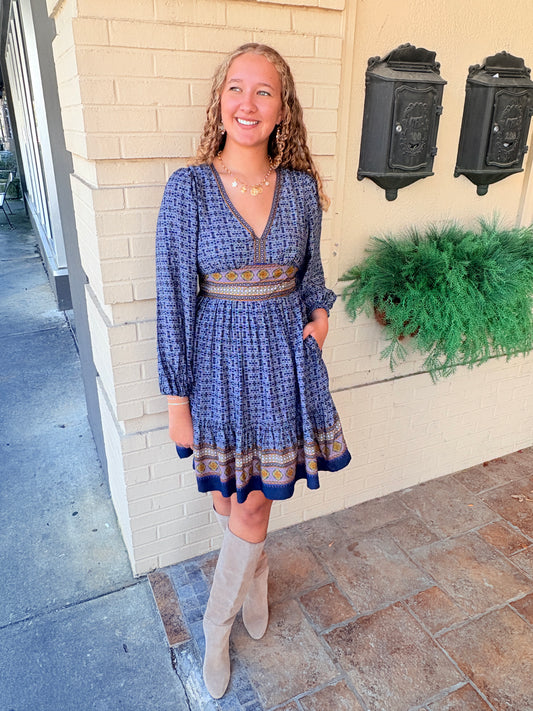 Border Print Mini Dress - Navy