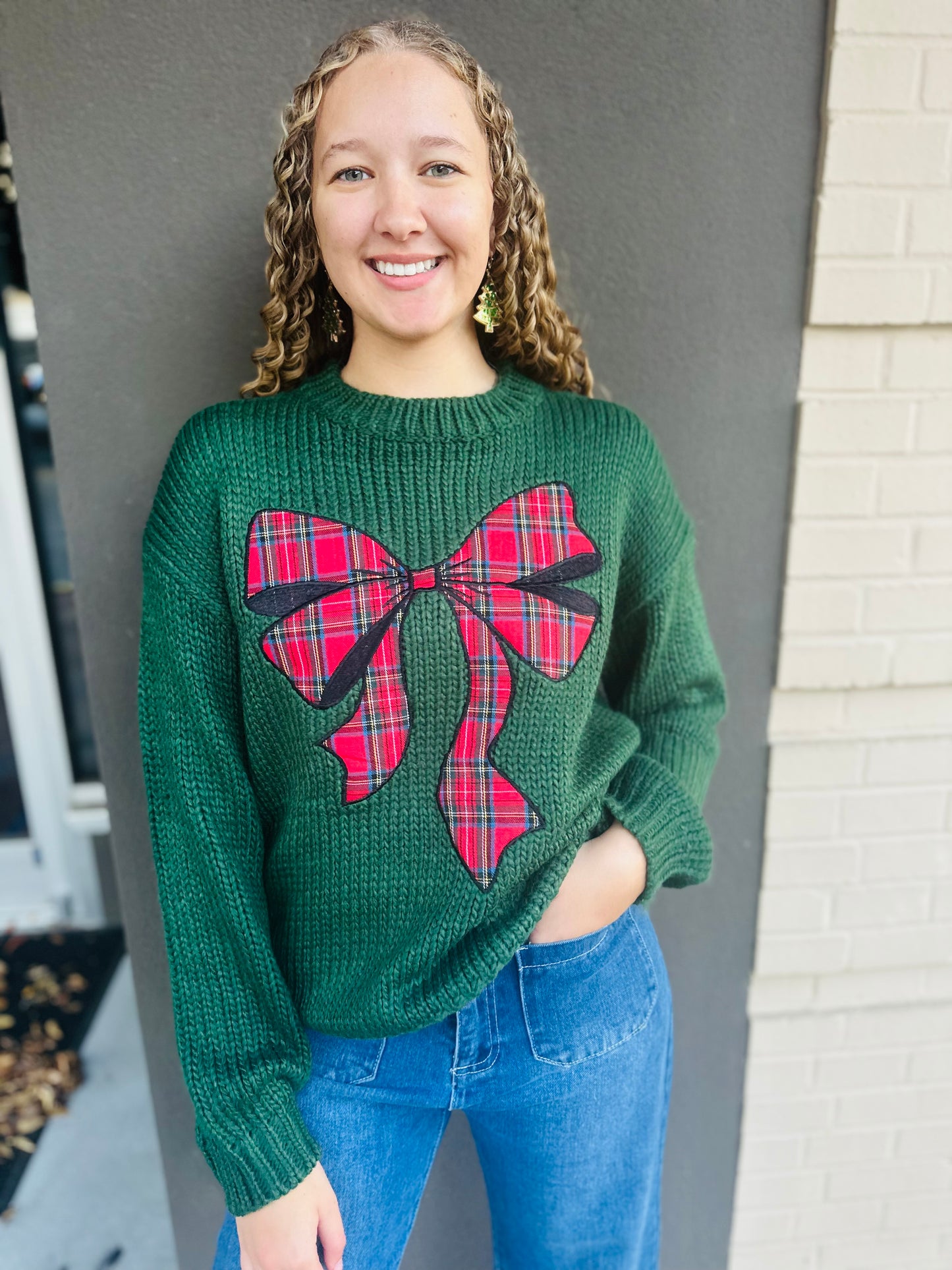 Christmas Sweater with Plaid Ribbon Bow - Hunter Green