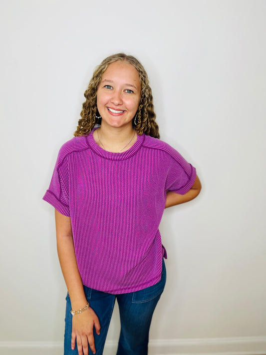 Corded Rib Short Cuff Sleeve Raw Edge Top - Light Plum